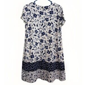J Jill Wearever Collection White Blue Floral  Short Sleeve Dress XS Petite